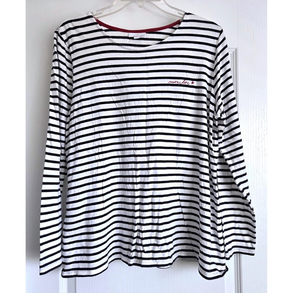 J. Jill Stripe Long Sleeve More Love Embroidered Tee Black White‎ Sz L Classic
